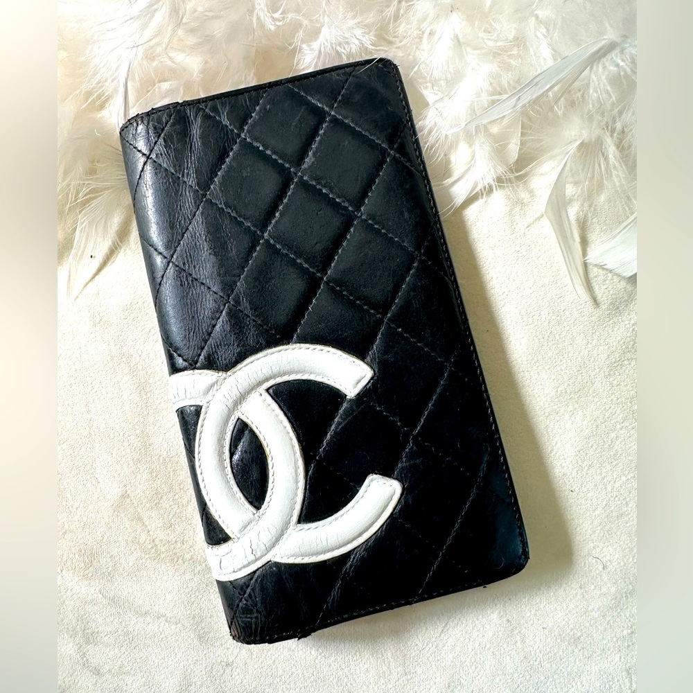 Chanel quilted long wallet (CC logo, likely lambskin or caviar).